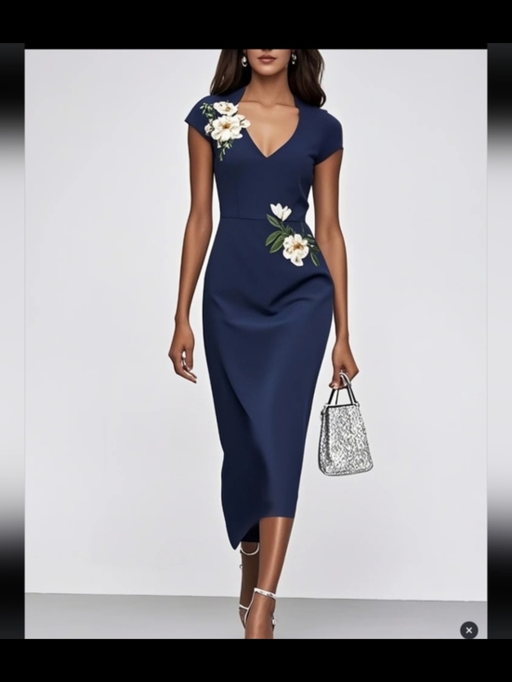Navy Floral-Appliqué V-Neck Midi Dress
